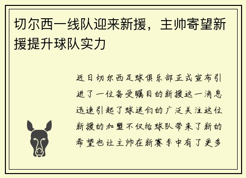 切尔西一线队迎来新援，主帅寄望新援提升球队实力