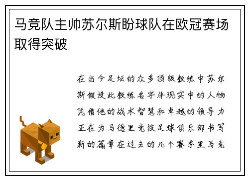 马竞队主帅苏尔斯盼球队在欧冠赛场取得突破
