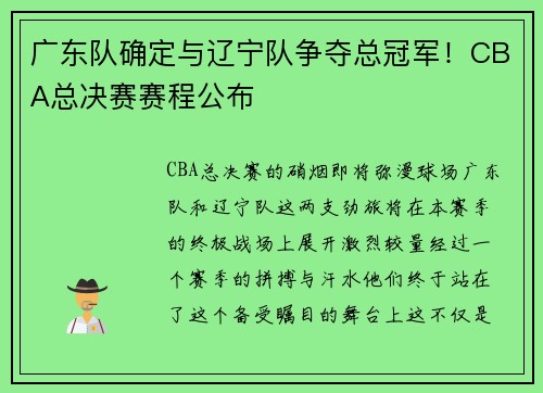 广东队确定与辽宁队争夺总冠军！CBA总决赛赛程公布