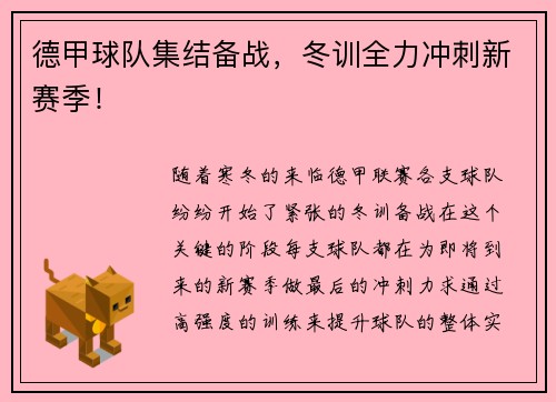 德甲球队集结备战，冬训全力冲刺新赛季！