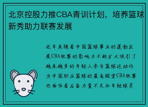 北京控股力推CBA青训计划，培养篮球新秀助力联赛发展
