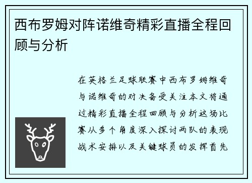 西布罗姆对阵诺维奇精彩直播全程回顾与分析