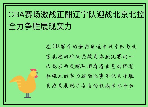 CBA赛场激战正酣辽宁队迎战北京北控全力争胜展现实力