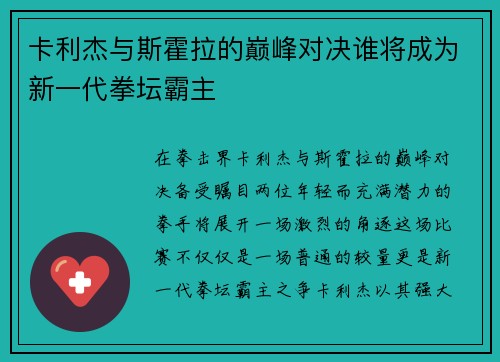 卡利杰与斯霍拉的巅峰对决谁将成为新一代拳坛霸主