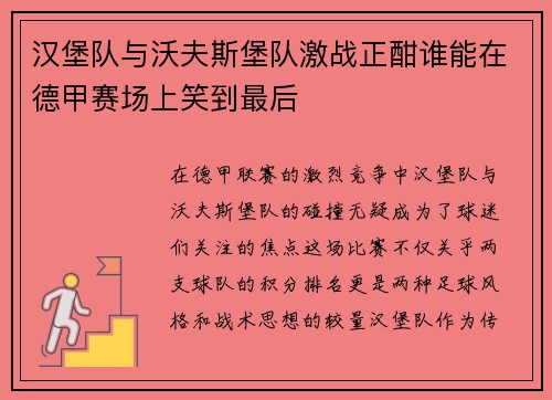 汉堡队与沃夫斯堡队激战正酣谁能在德甲赛场上笑到最后