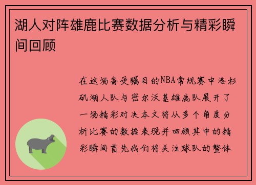 湖人对阵雄鹿比赛数据分析与精彩瞬间回顾