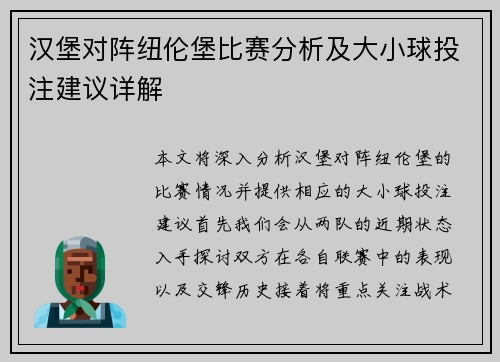 汉堡对阵纽伦堡比赛分析及大小球投注建议详解