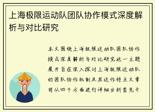 上海极限运动队团队协作模式深度解析与对比研究