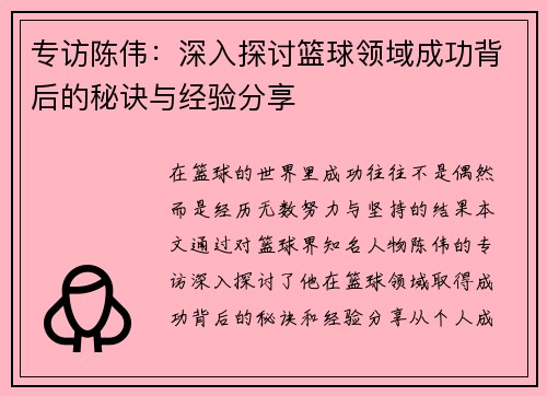 专访陈伟：深入探讨篮球领域成功背后的秘诀与经验分享