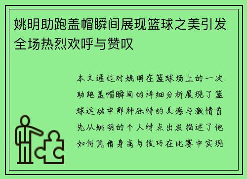 姚明助跑盖帽瞬间展现篮球之美引发全场热烈欢呼与赞叹